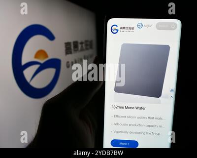 In dieser Fotoabbildung hält eine Person ein Handy mit der Webseite des chinesischen Photovoltaik-Unternehmens Gokin Solar Co. Ltd. Vor dem Logo. Stockfoto