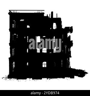 Verlassene Silhouette des Wolkenkratzers. Designelement für apokalyptische Stadtlandschaft, ausgebrannt und zerstört durch Bombenanschläge der Silhouette Wohnbau ist Stock Vektor
