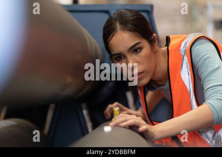 Porträt einer asiatischen Frau mit großen Maschinen, die in schweren Industrieanlagen eingesetzt werden. Stockfoto