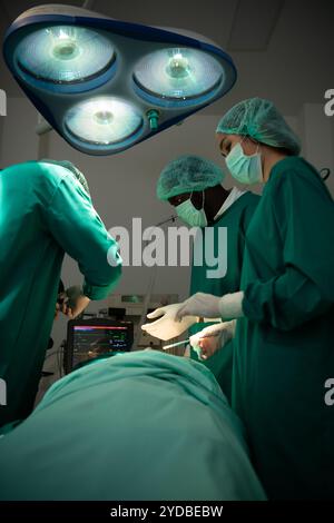 Professor für Medizin in Kardiologie und ein Ärzteteam im Operationssaal, der sich einer Herztransplantation unterzieht Stockfoto