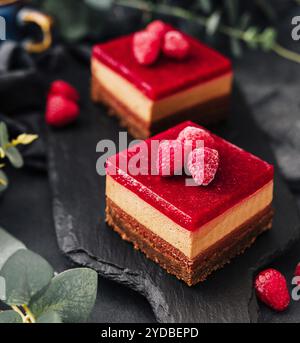 Köstlicher Schokoladenmousse-Kuchen mit Himbeergelee Stockfoto
