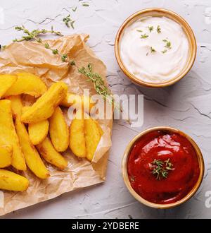 Gebackene Bratkartoffeln mit roten und weißen Saucen Stockfoto