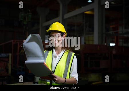 Die weibliche Führungskraft arbeitet im Auditbereich. Sie arbeitet daran, die Qualität der Arbeit in schweren Industrieanlagen zu überprüfen Stockfoto