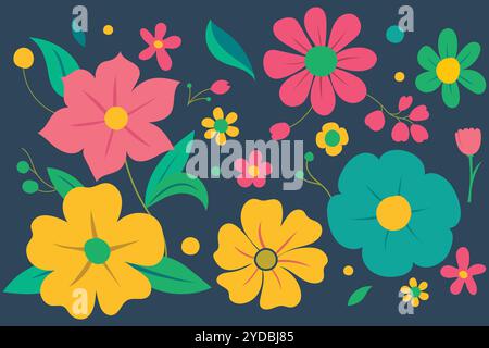 Ein verspieltes und lebendiges Blumendesign mit stilisierten Blumen in verschiedenen Farben und Formen. Stock Vektor