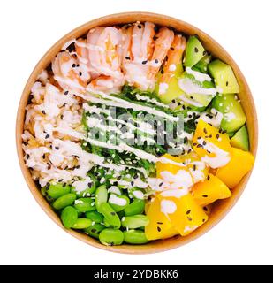 Schüssel mit Garnelen, Ananas, Avocado, Bohnen und Algen Stockfoto