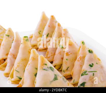 Dreieckige Pfannkuchen mit Fleisch auf Teller Stockfoto