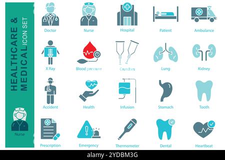 Medizinische Symbolgruppe. Arzt, Krankenschwester, Krankenhaus und mehr. Symbolstil durchgehend. Symbol für das Gesundheitswesen. Medizinische Elemente Vektor-Illustration Stock Vektor