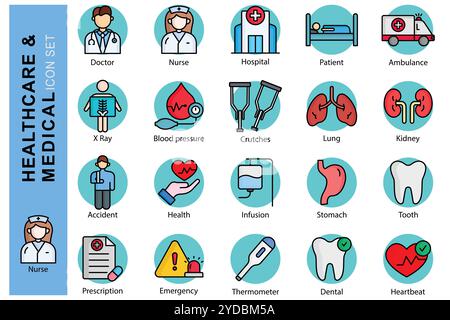 Medizinische Symbolgruppe. Arzt, Krankenschwester, Krankenhaus und mehr. Symbolstil für farbige Umrisse. Symbol für das Gesundheitswesen. Medizinische Elemente Vektor-Illustration Stock Vektor