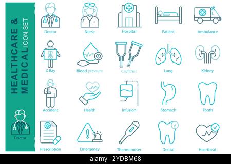 Medizinische Symbolgruppe. Arzt, Krankenschwester, Krankenhaus und mehr. Liniensymbolstil. Symbol für das Gesundheitswesen. Medizinische Elemente Vektor-Illustration Stock Vektor