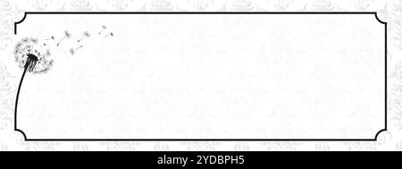 Nachruf-Banner mit schwarzem Rahmen und Löwenzahn. EPS 10-Vektordatei. Stockfoto