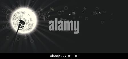 Sonne mit Sonnenstrahl und Löwenzahn am schwarzen Himmel. EPS 10-Vektordatei. Stockfoto