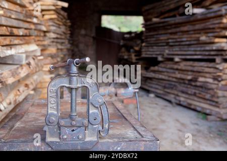 Sägewerk in Buchenholz von La Grevolosa - Fageda de la Grevolosa -, La Garrotxa, Girona, Spanien Stockfoto