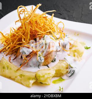 Kartoffelpüree mit Fleisch und Zwiebelchips Stockfoto