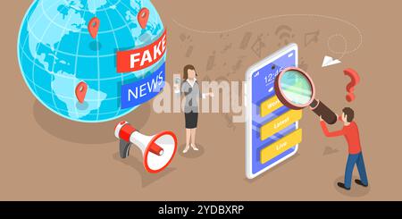 Wie man Fake News erkennt. 3D Isometrische flache Konzeptdarstellung. Wie man Fake News erkennt. 3D Isometric Flat Conceptual Illustra Stockfoto