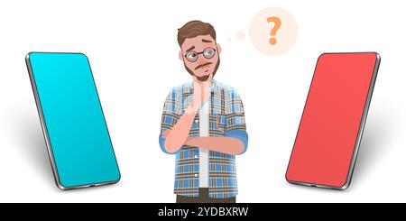 3D konzeptionelle Darstellung des Smartphone-Vergleichs, man wählt zwischen zwei Smartphones. Konzeptionelle 3D-Darstellung von S Stockfoto