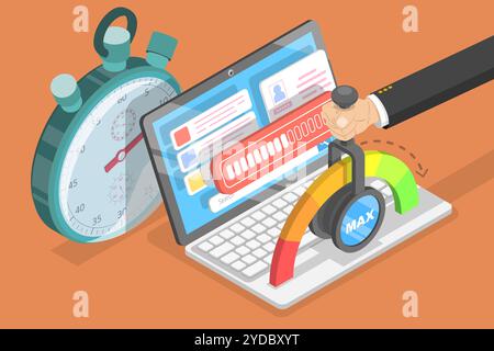 Die Ladezeit der Webseite wird abnehmend, die Geschwindigkeit der Website wird optimiert und SEO. 3D Isometrische flache Konzeptdarstellung. Webseite Wird Geladen Stockfoto