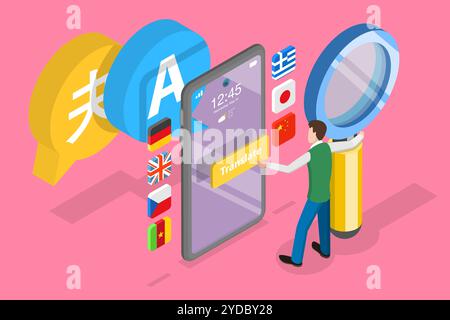 3D Isometrische flache konzeptionelle Darstellung der mobilen Online-App für mehrsprachige Übersetzungen, Fremdsprachenlernen. 3D Stockfoto