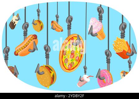 Fast Food sucht und schädliche Auswirkungen, Junk Food Gefahr, ungesunde Ernährung Essen Risiken. 3D Isometrische flache konzeptionelle Illus Stockfoto