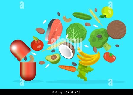 Nahrungsergänzungsmittel, Vitamine und Nahrungsergänzungsmittel. 3D Isometrische flache Konzeptdarstellung. Nahrungsergänzungsmittel, Vi Stockfoto