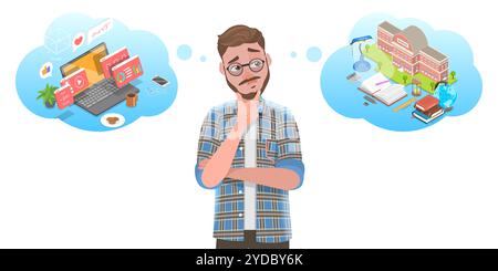 3D Isometrische flache konzeptionelle Darstellung von Online-Lernen vs. Offline-Lernen, man ist Thikning welche Art von Lernen zu Choo Stockfoto