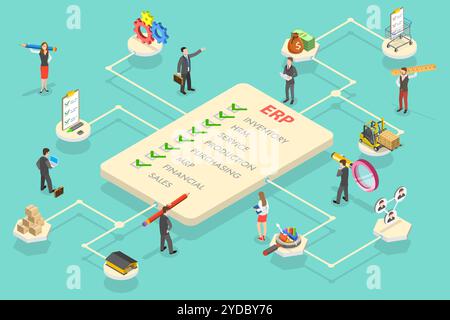 3D Isometrische flache konzeptionelle Darstellung von ERP - Enterprise Resource Planning, Business Automation and Innovation 3D Isometri Stockfoto