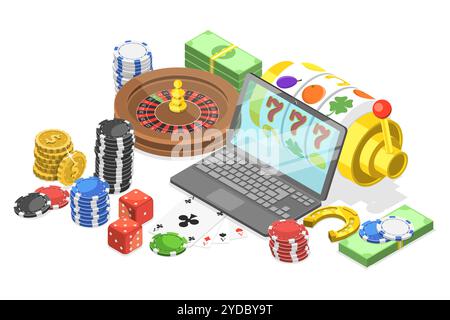 3D Isometrische flache konzeptionelle Illustration der Online-Glücksspielplattform für Live Poker, Roulette, Spielautomaten und Würfel, Interne Stockfoto