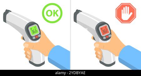 3D Isometrische flache konzeptionelle Darstellung der Hand mit Infrarot-Thermometer zur Überprüfung der Körpertemperatur, eines mit Normaltemperatur Stockfoto