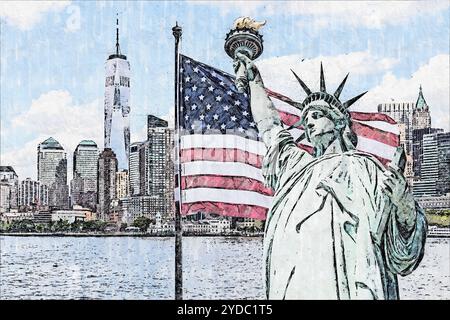 Freiheitsstatue mit einer großen amerikanischen Flagge und Skyline von New York im Hintergrund Stockfoto