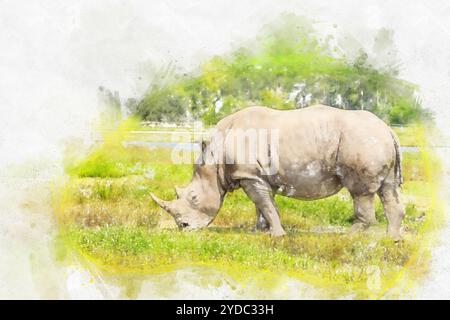 Aquarellmalerei Illustration von weißem Nashorn ausgeschnitten auf weiß Stockfoto