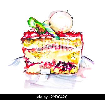 Hand gezeichnet Aquarell Scheibe cremige Torte mit Blumen, isolierte Kuchen Abbildung auf weißem Hintergrund Stockfoto