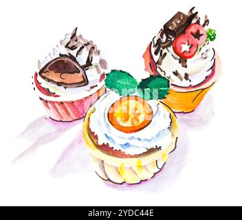 Aquarelldrawintg von drei verschiedenen Cupcakes isoliert auf weißem Hintergrund Stockfoto