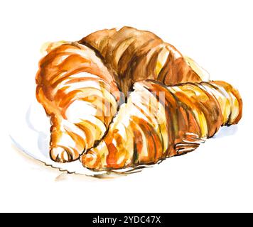Hand Made drei Aquarell Croissants auf den Teller, auf weißem Hintergrund Stockfoto