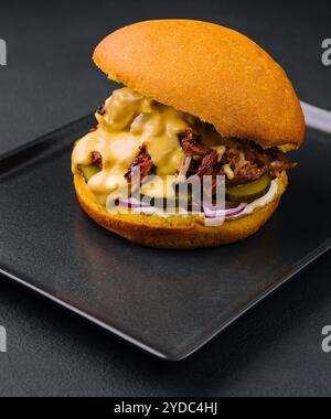 Leckerer Burger mit zerrissenem Fleisch auf schwarzem Tablett Stockfoto