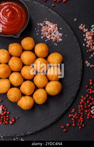 Käse- oder Kartoffelbällchen paniert mit Salz, Gewürzen und Kräutern Stockfoto