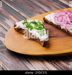 Brotstücke mit köstlichem Schmalz mit roten und grünen Zwiebeln Stockfoto