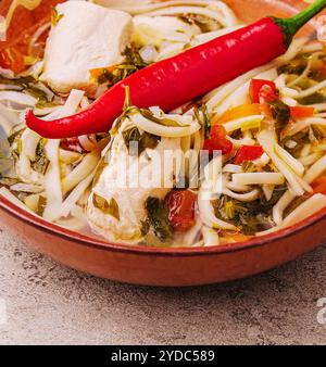 Suppe Hähnchen – Brühe mit Nudeln, Kräutern, Pfeffer und Gemüse auf Teller Stockfoto