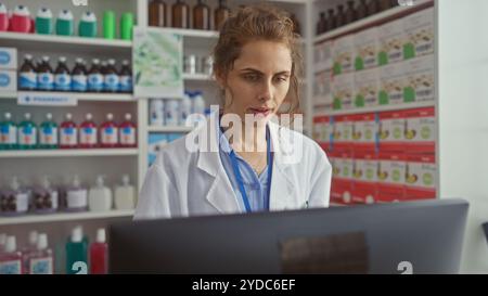 Fokussierte junge Apothekerin, die an einem Computer in einer modernen Apotheke arbeitet Stockfoto
