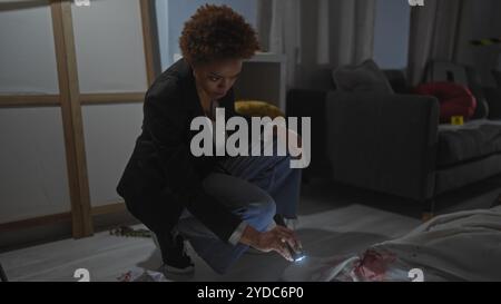 Eine afroamerikanische Frau untersucht einen Tatort drinnen mit einer Taschenlampe, die eine intensive und geheimnisvolle Atmosphäre darstellt. Stockfoto