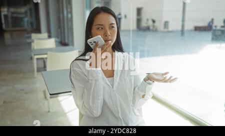 Frau, die in heller Büroumgebung in der Nähe des Fensters über das Smartphone spricht und Gedanken in einem modernen Arbeitsbereich ausdrückt. Stockfoto