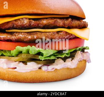 Frische leckere Burger auf weißem Hintergrund Stockfoto