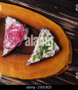 Brotstücke mit köstlichem Schmalz mit roten und grünen Zwiebeln Stockfoto