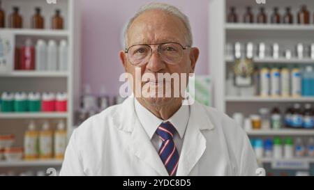 Ein älterer kaukasier mit grauen Haaren in einer Apotheke mit weißem Mantel und gestreifter Krawatte, der vor Regalen steht, die mit Arzneiflaschen gefüllt sind. Stockfoto