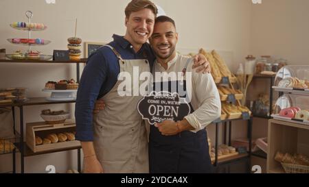 Zwei gutaussehende männliche Bäcker in Schürzen mit einem offenen Schild in einer Bäckerei mit Regalen mit Brot und Gebäck Stockfoto