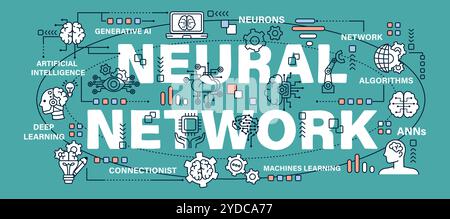 Neuronales Netzwerk. Technik und KI-Konzept. Wort mit Umriss Icon Art Bannerstil . Editierbarer Schlaganfall. Vektor . Stock Vektor
