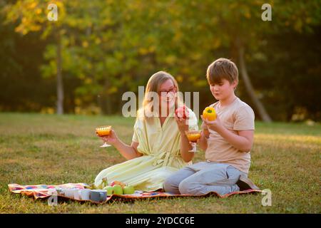 Eine liebevolle Mutter und ihr Teenager hatten einen lustigen Picknicktag, lächelten und lachten zusammen. Die Mutter und ihr fröhlicher Sohn saßen auf dem Gras, Stockfoto