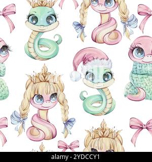 Entzückende Schlangen, Cartoon. Symbol Reichtum des chinesischen Neujahrs 2025 in niedlichem, nahtlosem Muster im Cartoon-Stil für Souvenirs, Druck, Verpackung, Stoff Stock Vektor