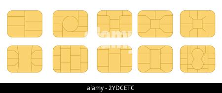 EMV-Chip-Symbolsatz. Microchip für Kreditkarten- oder Debitgebühren oder sim-Karten aus Kunststoff. Digitale NFC-Technologie. Kontaktlose Bezahlung an Terminals und Geldautomaten. Vektorabbildung Stock Vektor