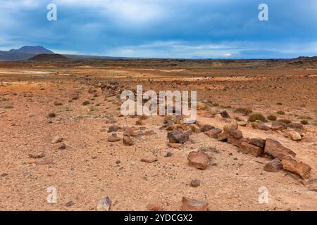 Steinwüste im geothermischen Gebiet Hverir, Island Stockfoto