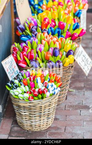 Hölzerne Tulpen zum Verkauf auf einem Amsterdamer Markt Stockfoto