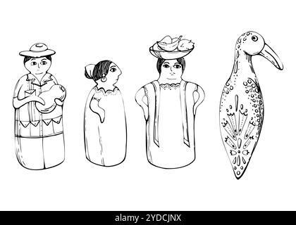 Mexikanische spanische Porzellan Puppe Tischdekoration Figur mit Blumendekoration, stilisierter Vogel. Handgezeichneter Tintenvektor isolierte Illustration Stock Vektor